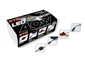 DTD LED Profi 40 W luz blanca: caja, regulador, cable, pinzas y conector de mechero