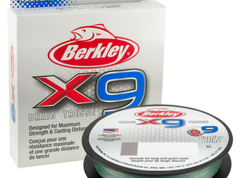 Hilo trenzado BERKLEY X9 Verde Oscuro (Low-Vis Green), caja y bobina