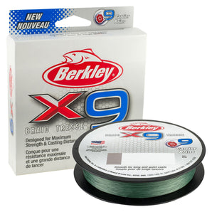 Hilo trenzado BERKLEY X9 Verde Oscuro (Low-Vis Green), caja y bobina
