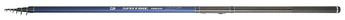 Caña telescópica DAIWA Spitfire Strong Float 50 de 5,00 m, azul marino, extendida con sus anillas y el portacarretes de placa