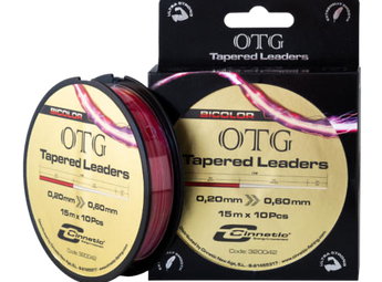 Colas de rata bicolores CINNETIC OTG Tapered Leaders: caja y bobina 0,20-0,60 mm, 15 m x 10