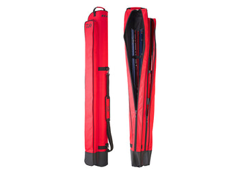 DAIWA Surf, funda rígida roja para cañas de surfcasting, cerrada y abierta con las cañas dentro