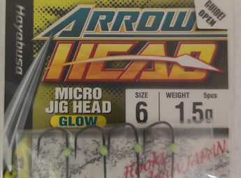 HAYABUSA Arrow Head Micro Jig Head Glow EX932, envase de 5 cabezas plomadas luminiscentes de 1,5 g con anzuelo del nº 6