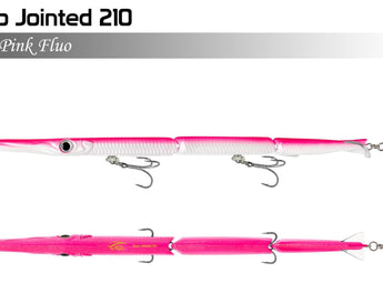 Señuelo articulado JACK FIN Stylo Jointed 210, color Pink Fluo, vistas de perfil y dorso