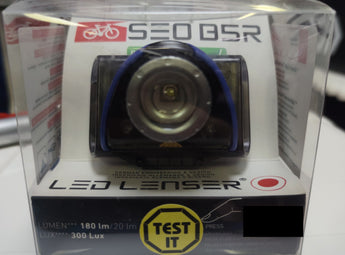 Ledlenser SEO B5R en su envase: luz de bicicleta recargable, 180 lm