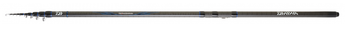 Caña telescópica DAIWA Team Daiwa Strong Float, de la serie Team Daiwa Strong Float, negra con detalles azules, extendida con sus tramos y anillas