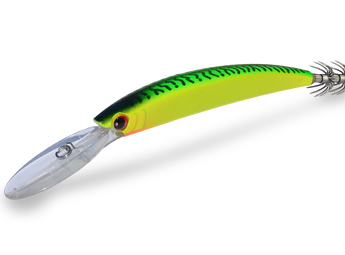 Señuelo de curricán DTD Turbo Skusa DD 110 mm en color GY Green Yellow, con babero de inmersión transparente y doble corona de púas de acero inoxidable