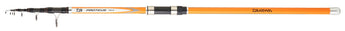 Caña telescópica de surfcasting DAIWA Proteus Tele Surf, naranja y negra, con portacarretes tubular a rosca y talón con tapón metálico