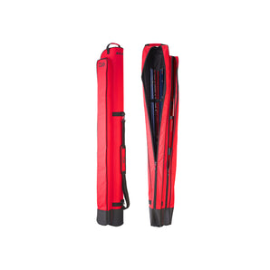 DAIWA Surf, funda rígida roja para cañas de surfcasting, cerrada y abierta con las cañas dentro