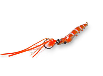 Anzuelo de recambio FIIISH en color Orange Fight montado en un señuelo Candy Shrimp
