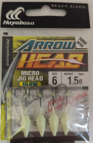 HAYABUSA Arrow Head Micro Jig Head Glow EX932, envase de 5 cabezas plomadas luminiscentes de 1,5 g con anzuelo del nº 6