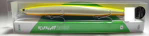 Senuelo ima Kunai 200S color Chart Back Pearl en su blister, cuerpo perla con dorso amarillo