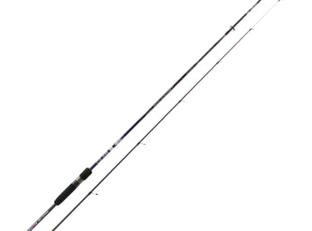Caña de eging KALI KUNNAN Squid Cast 250 de 2,50 m desplegada en sus dos tramos, blank gris con decoración morada y puntera blanca