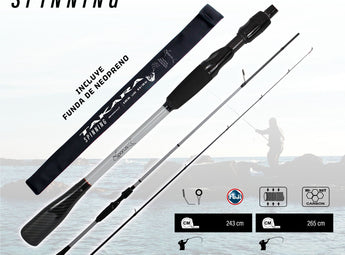 Lámina oficial de la serie SPARUS Takara Spinning: caña en dos tramos, funda de neopreno y tabla de referencias 243 y 265 cm