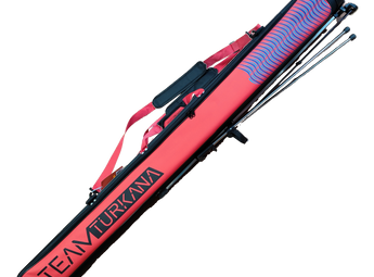 TURKANA Funda Rígida con Trípode Eco roja, vista lateral con el trípode desplegado